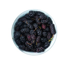 Photo of Bowl of delicious ripe black mulberries isolated on white, top view