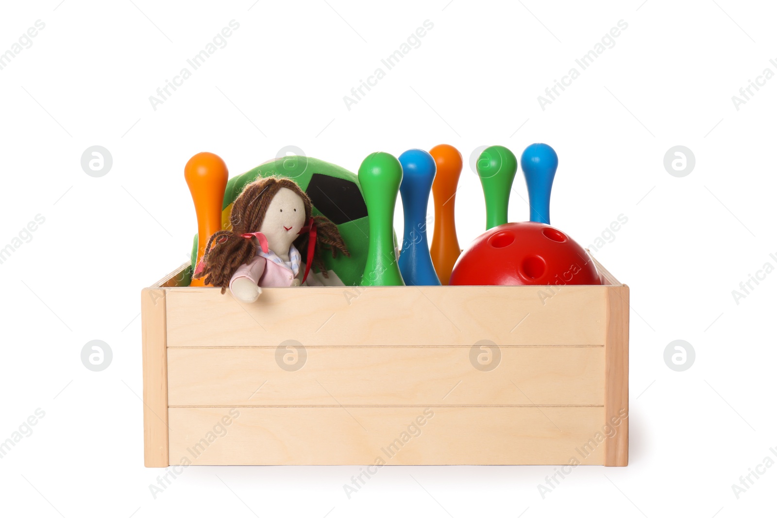 Photo of Crate with different child toys isolated on white