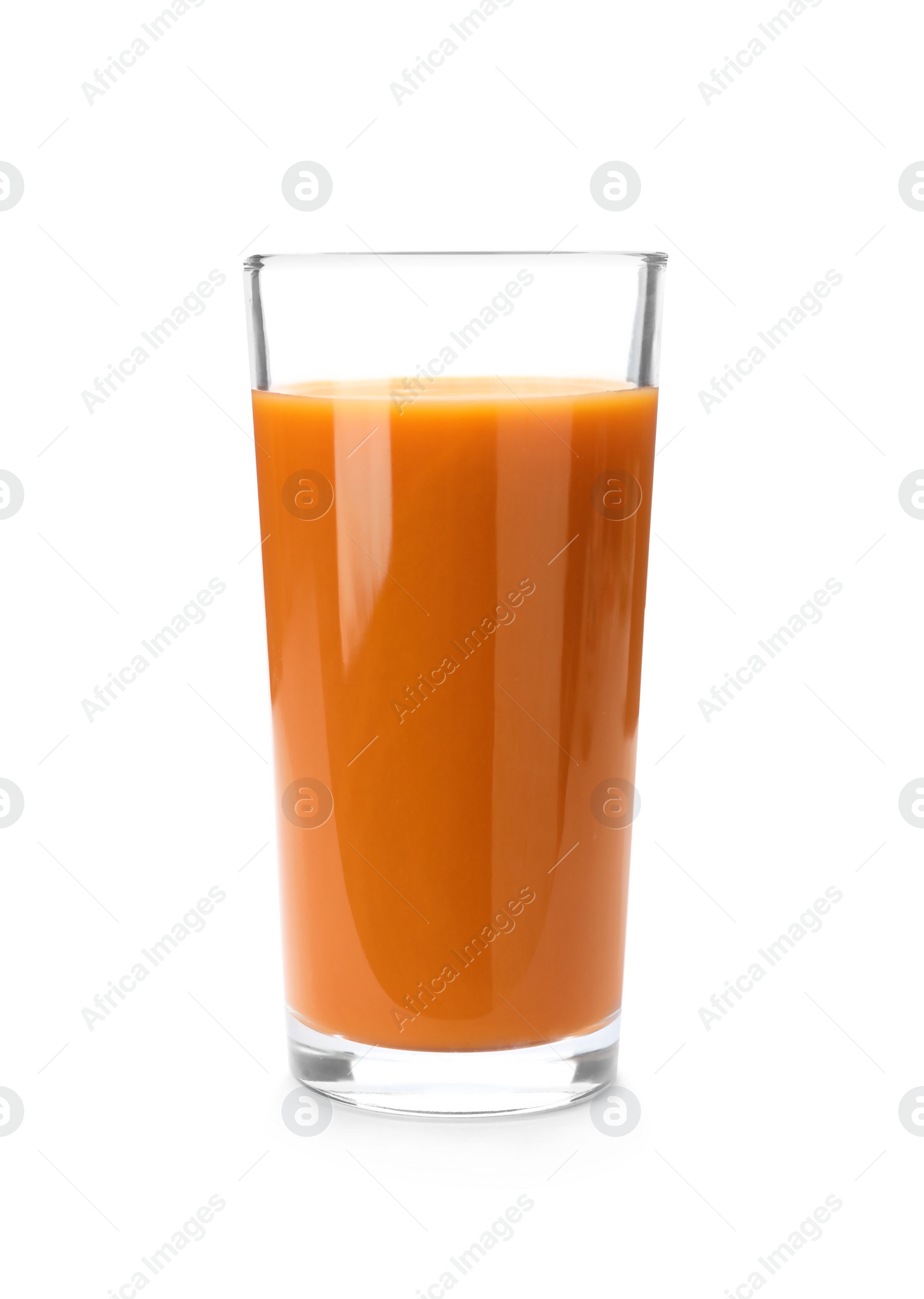 Photo of Glass of fresh carrot juice on white background