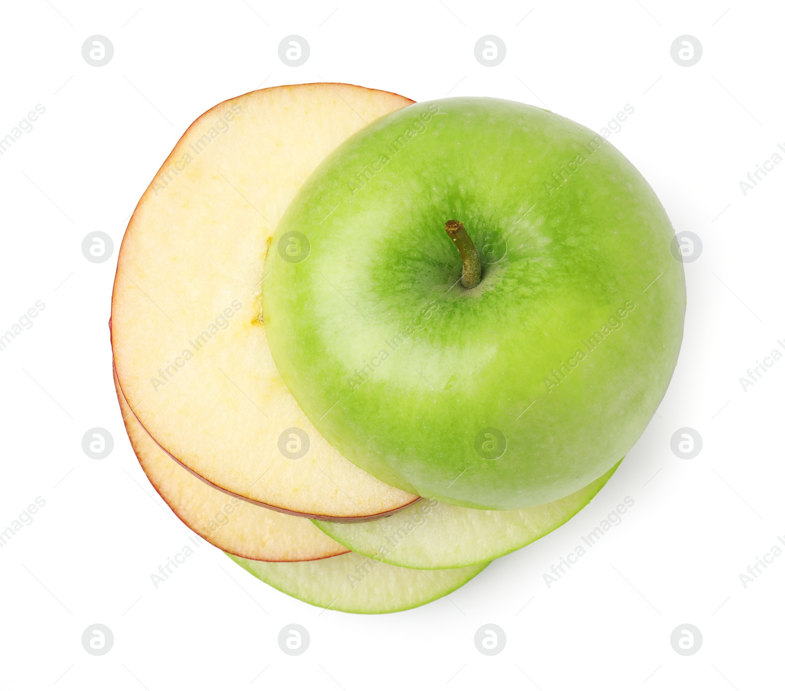 Slices of ripe apples isolated on white, top view Photo of Slices of ripe apples isolated on white, top view