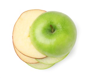 Photo of Slices of ripe apples isolated on white, top view