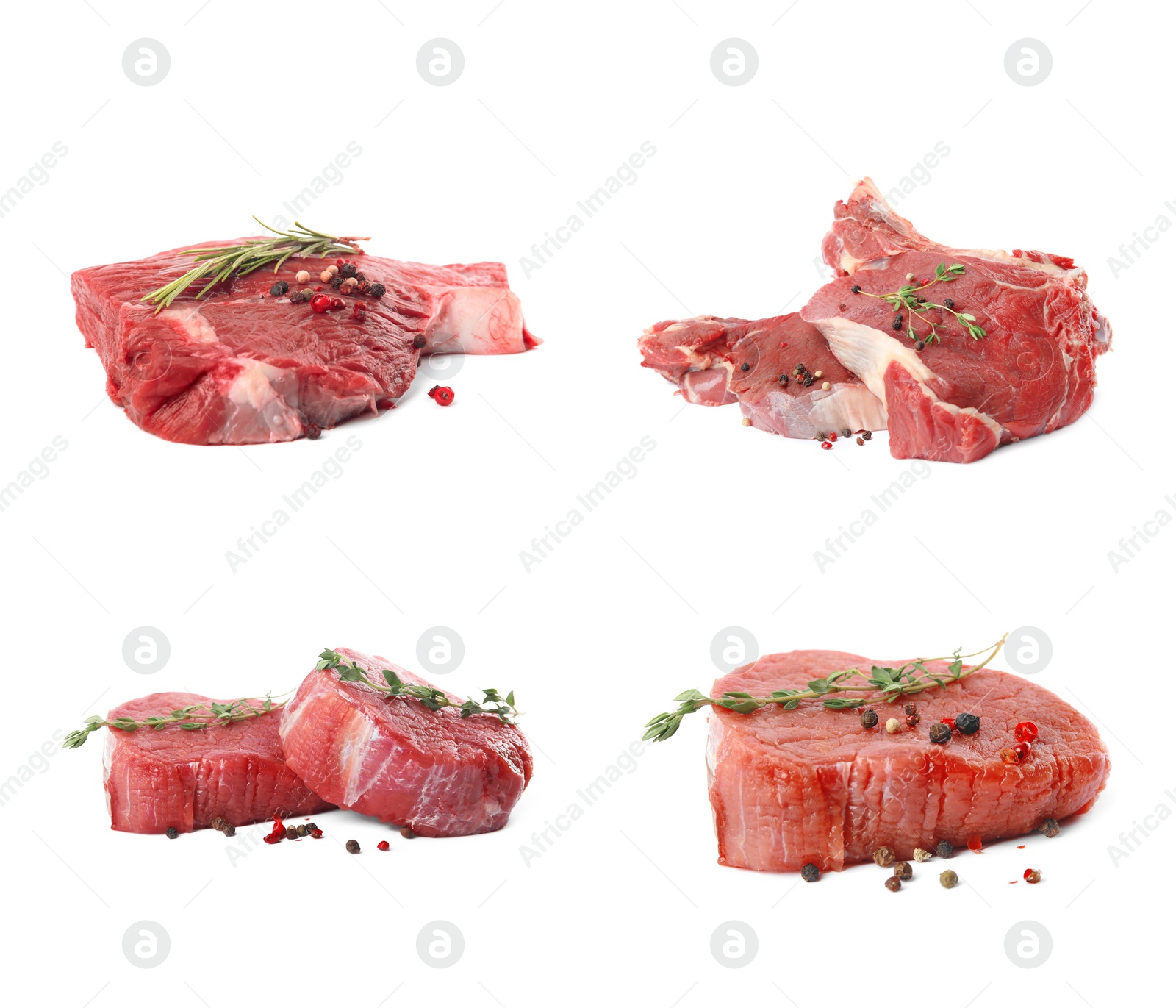 Image of Set with raw meat on white background 