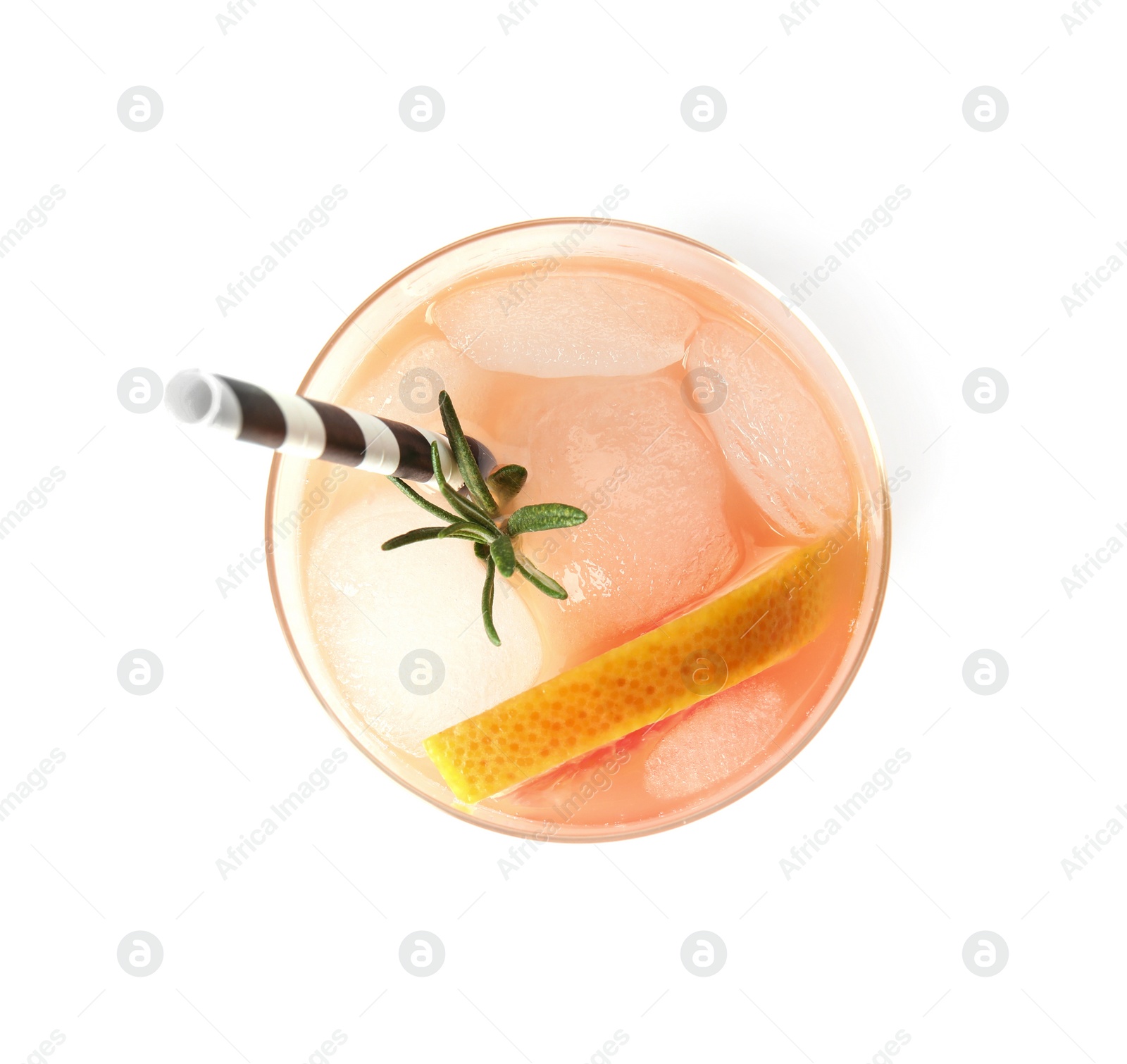 Photo of Glass of grapefruit cocktail with ice isolated on white, top view