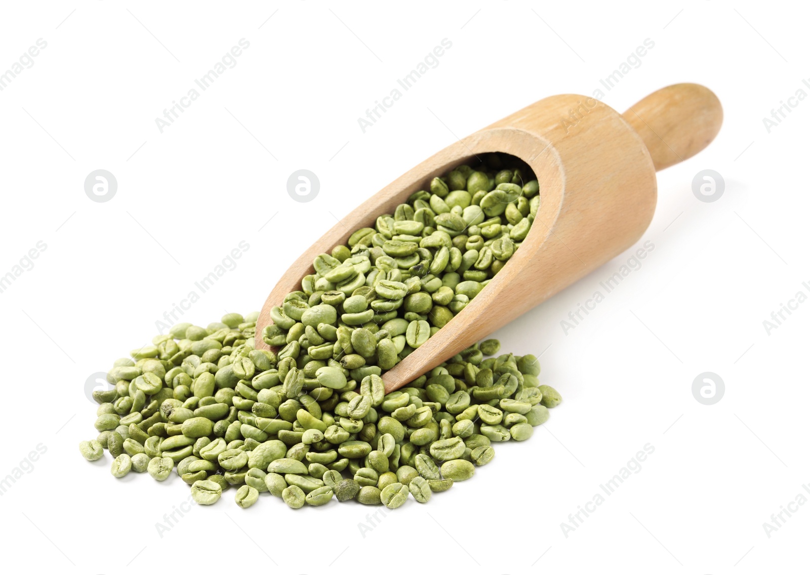 Photo of Pile of green coffee beans and wooden scoop on white background