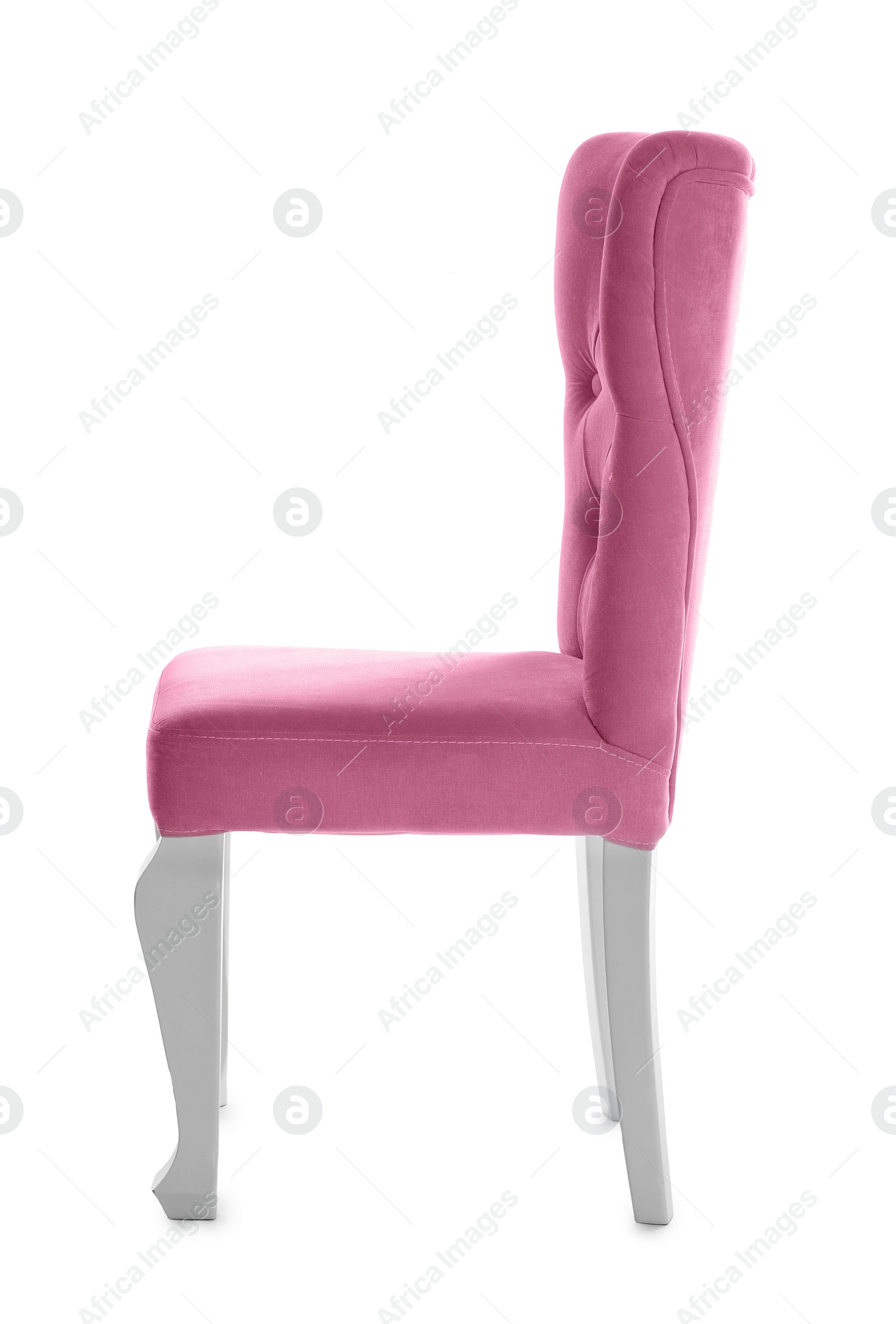 Photo of Stylish pink chair on white background. Element of interior design