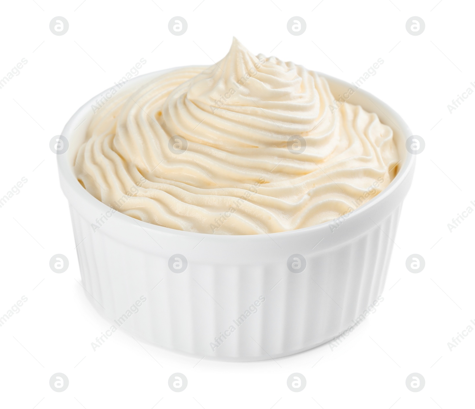 Photo of Delicious fresh whipped cream isolated on white