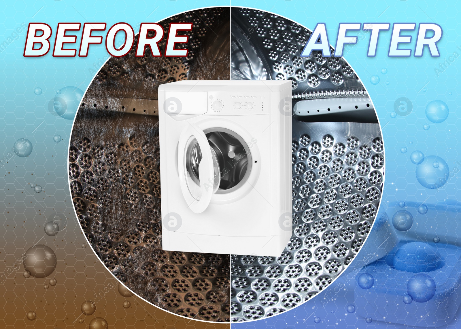Image of Drum of washing machine before and after using water softener tablet, collage