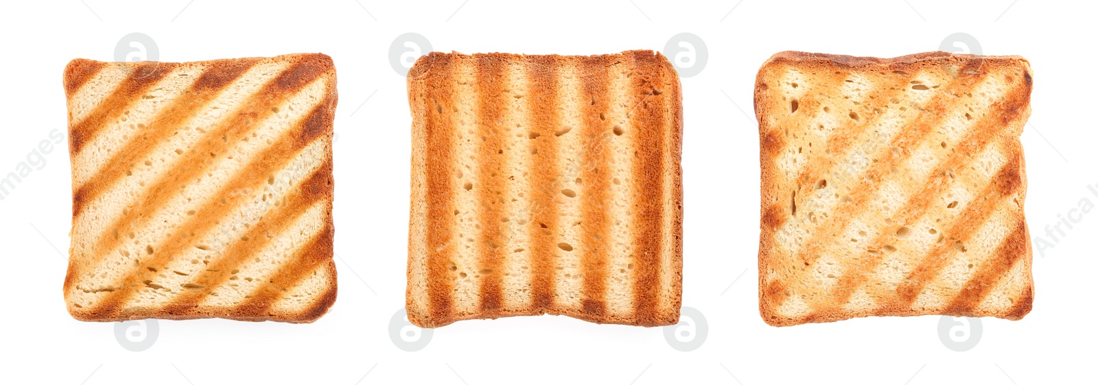 Image of Set with slices of tasty toasted bread on white background, top view. Banner design