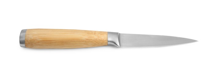 Photo of One sharp knife with wooden handle isolated on white