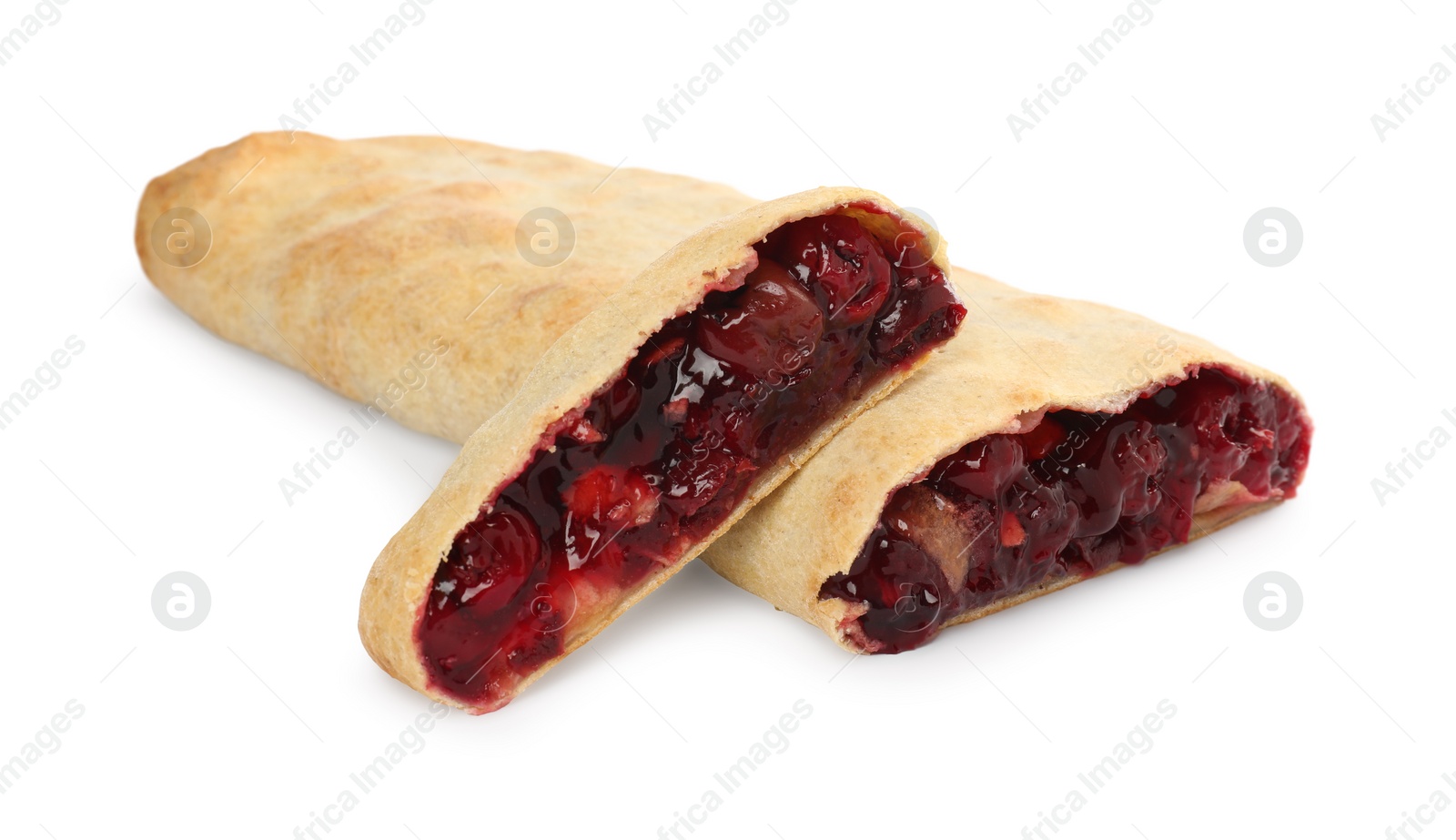 Photo of Delicious strudel with cherries isolated on white