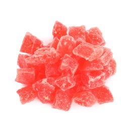 Photo of Delicious red candied fruit pieces on white background, top view