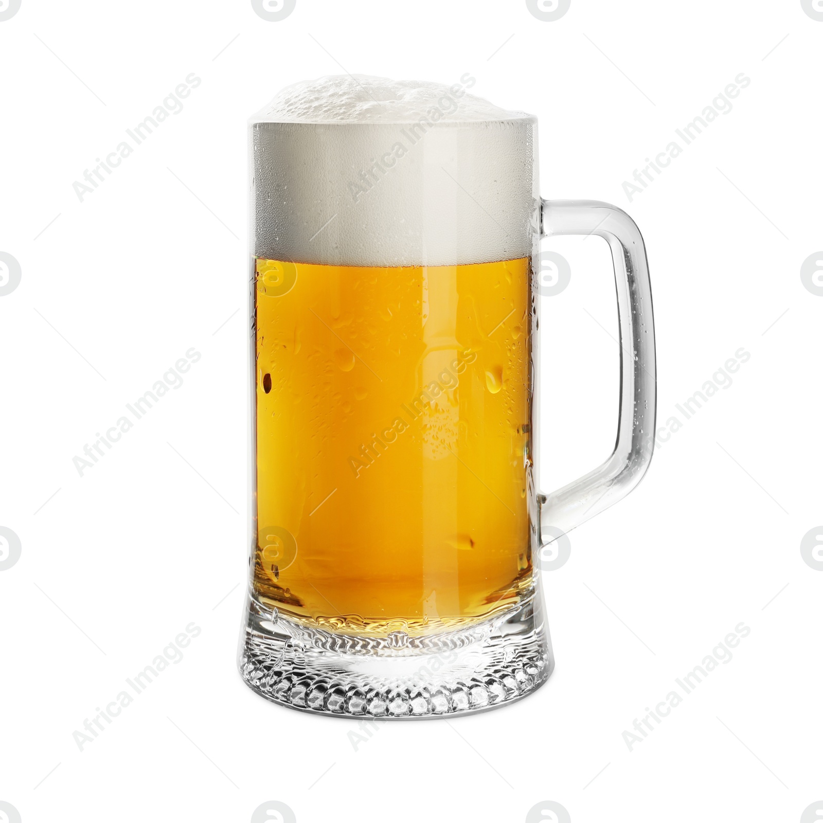 Photo of Glass mug of tasty light beer on white background