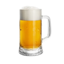 Glass mug of tasty light beer on white background
