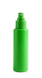 Photo of Bottle with sun protection body cream on white background