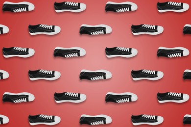 Image of Collage of classic old school black sneakers on red background