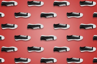 Collage of classic old school black sneakers on red background