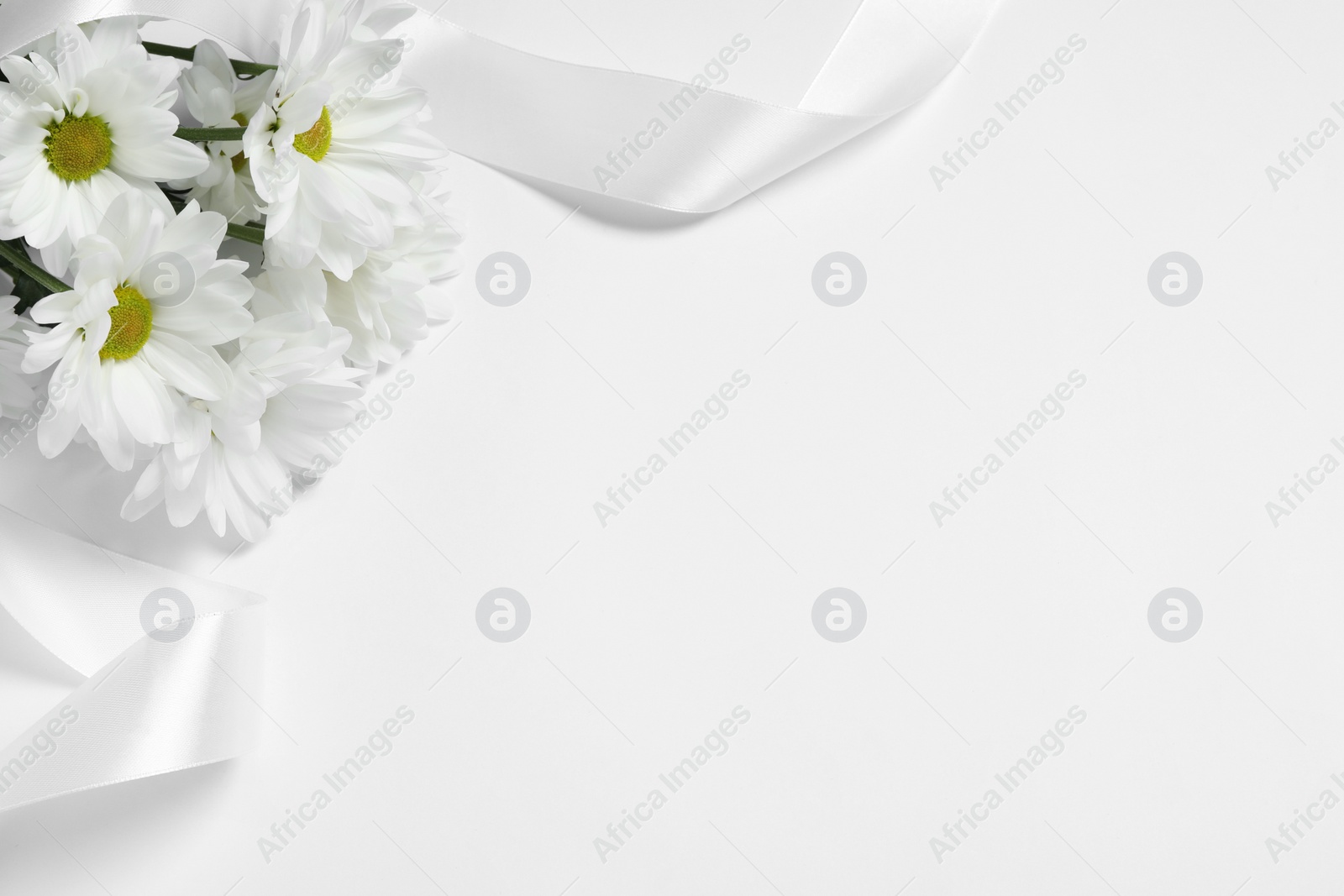 Photo of Beautiful chrysanthemum flowers and ribbon on white background, space for text. Funeral symbols