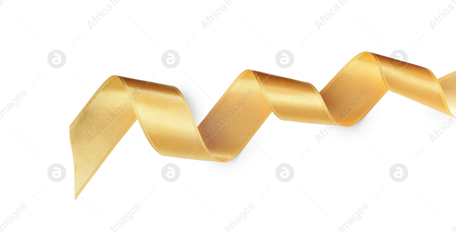 Photo of Beautiful golden ribbon isolated on white, top view