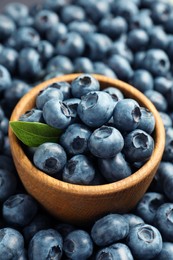 Tasty fresh blueberries and bowl, closeup view