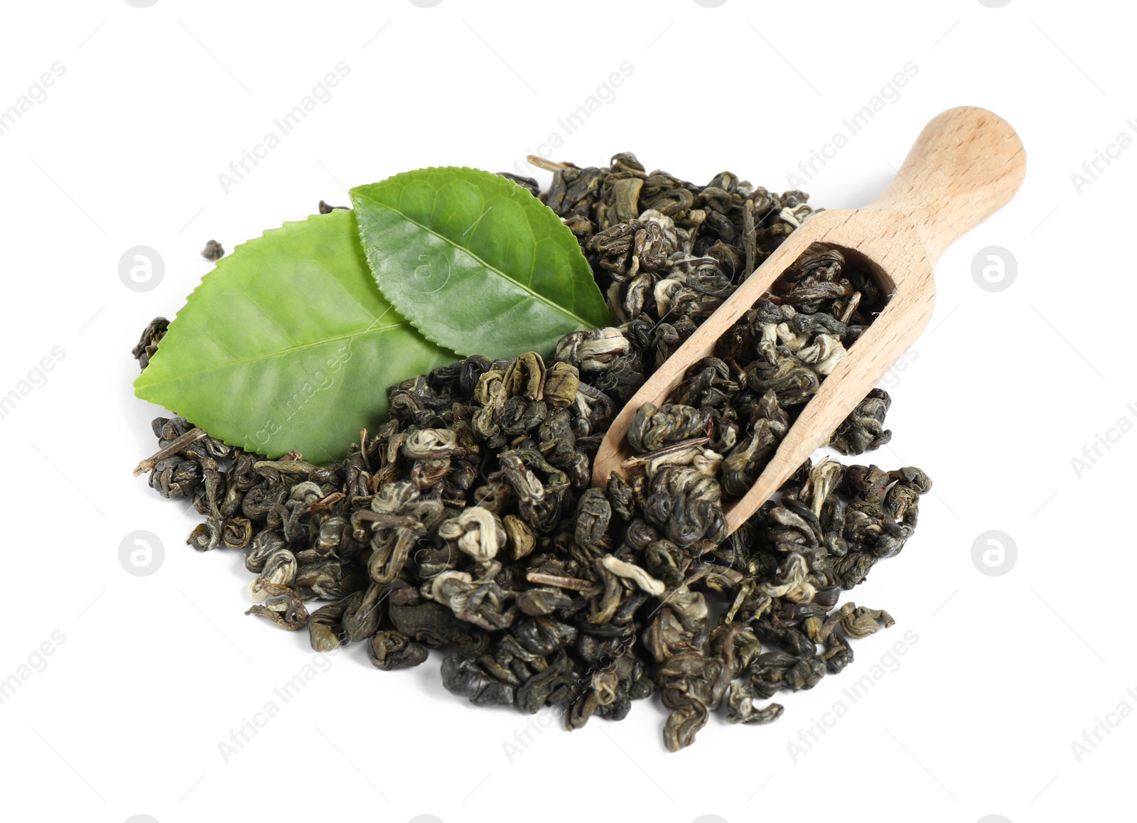 Photo of Fresh and dry leaves of tea plant with wooden scoop on white background