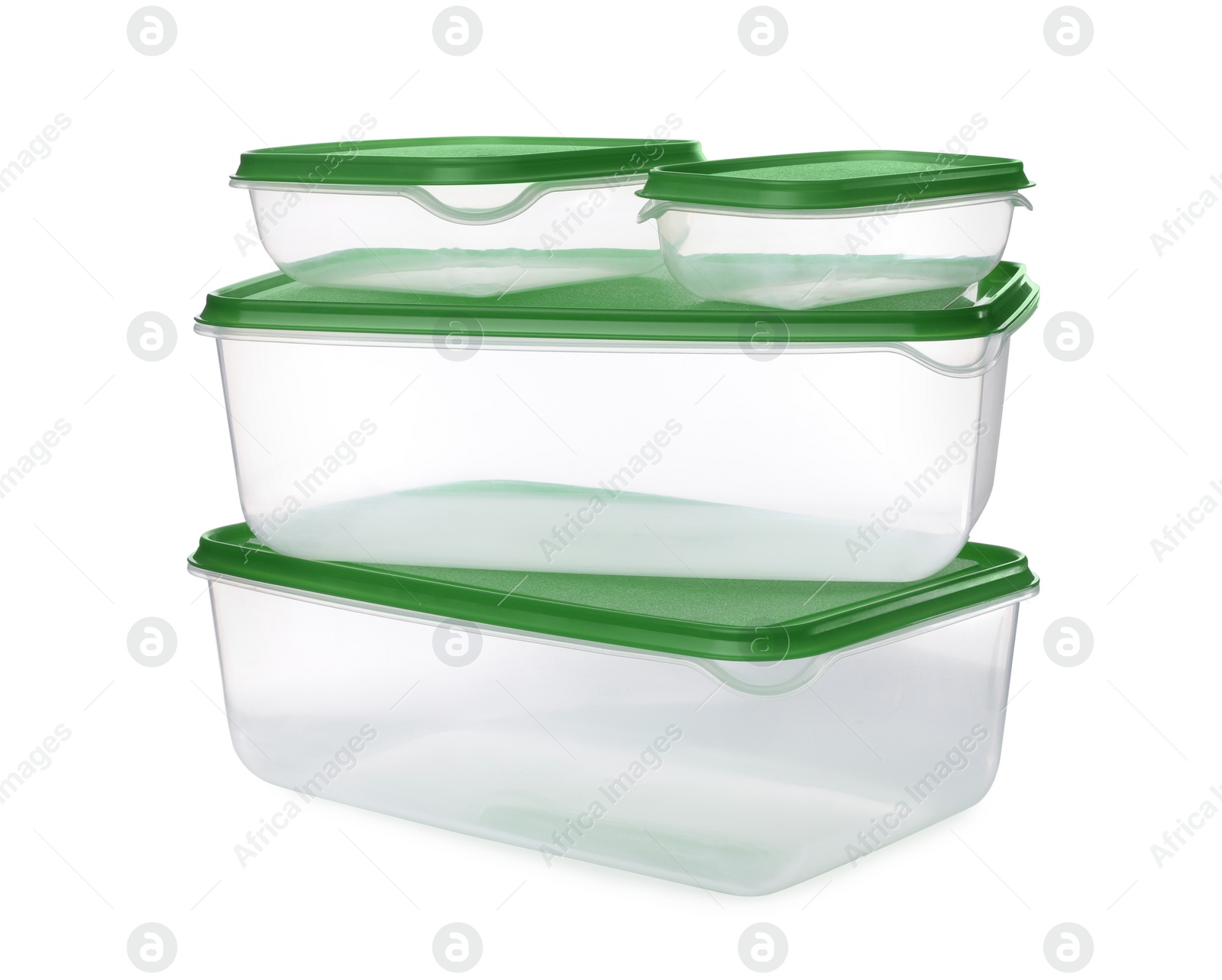 Photo of Set of empty plastic containers for food on white background