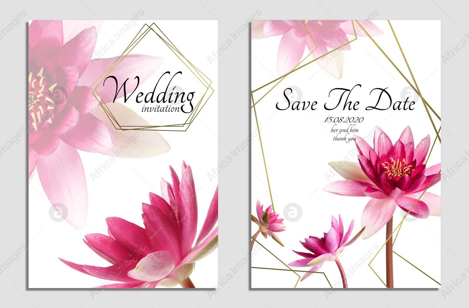 Image of Beautiful wedding invitation and Save The Date with floral design on light background, top view