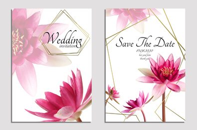 Beautiful wedding invitation and Save The Date with floral design on light background, top view