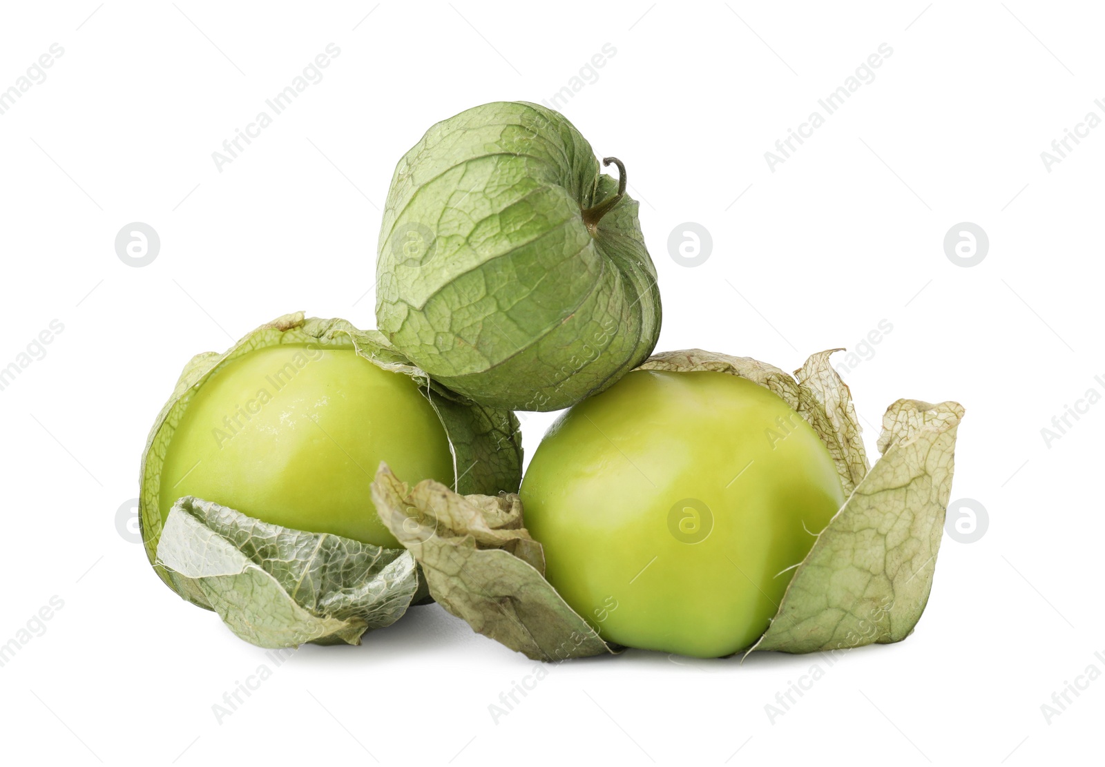 Photo of Fresh green tomatillos with husk isolated on white