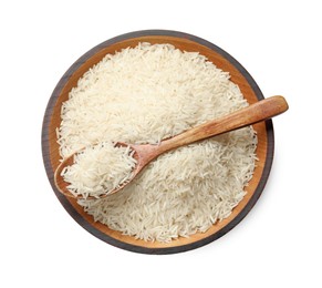 Photo of Raw basmati rice in bowl and spoon isolated on white, top view