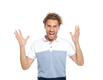 Photo of Young man in casual clothes posing on white background