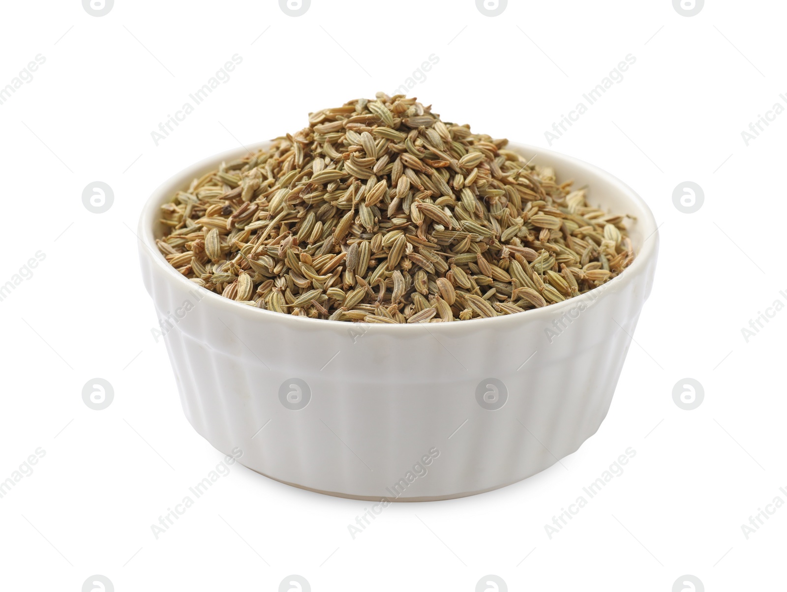 Photo of Dry fennel seeds in bowl isolated on white