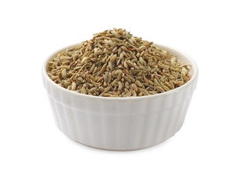 Dry fennel seeds in bowl isolated on white