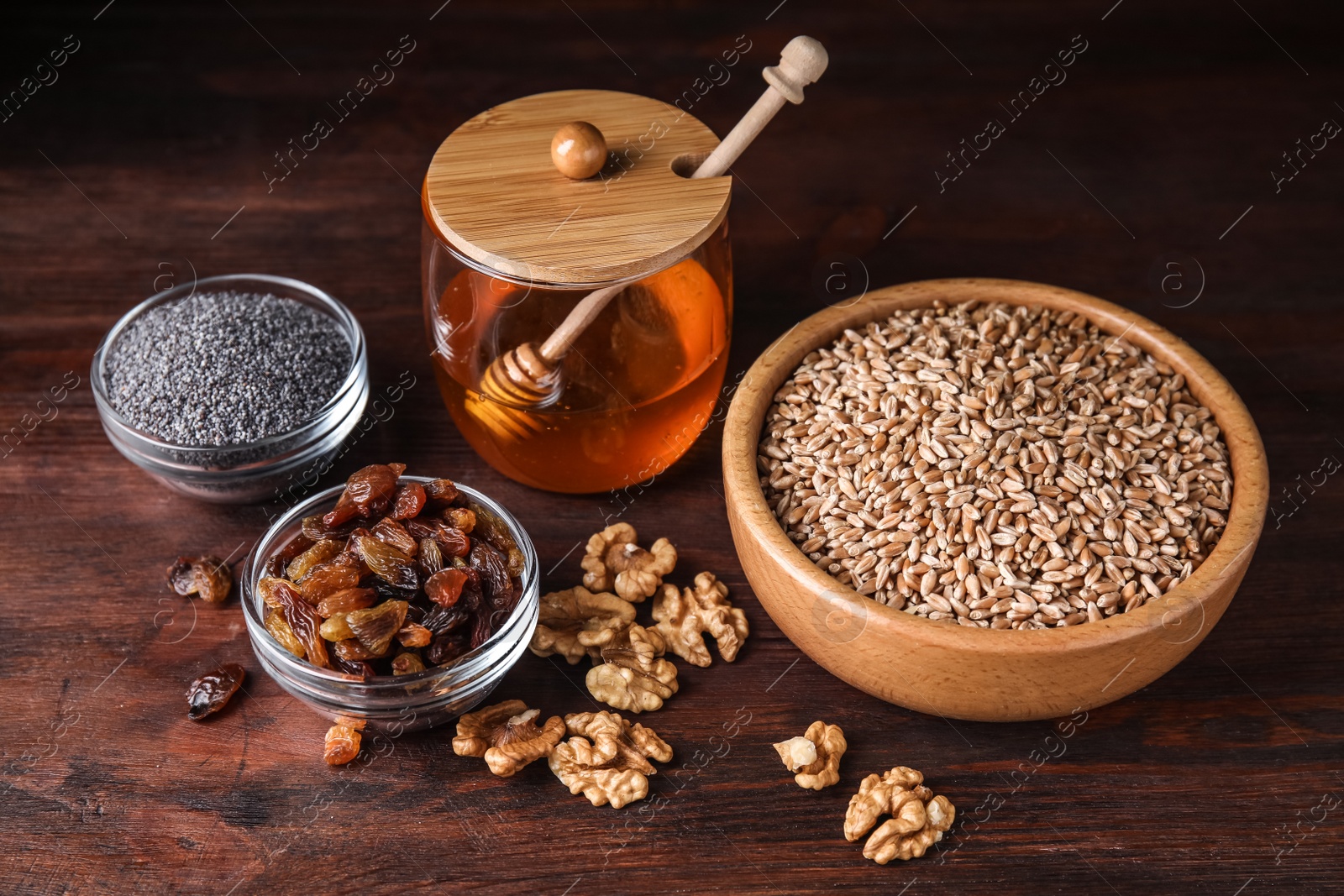 Photo of Ingredients for traditional kutia on wooden table