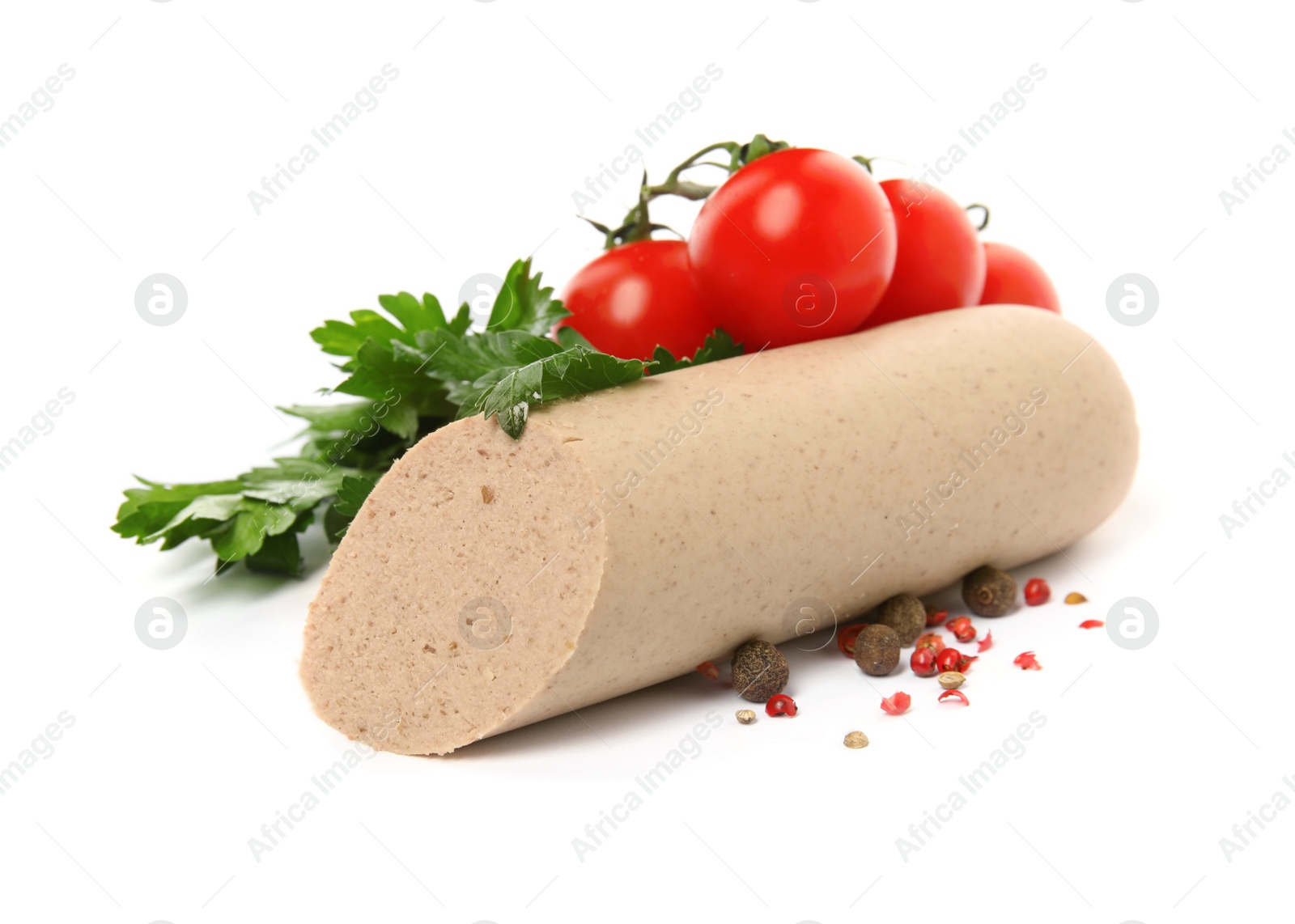 Photo of Delicious liverwurst with cherry tomatoes, parsley and spices on white background