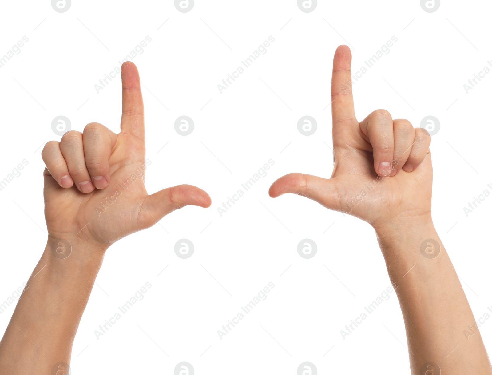 Photo of Man making frame with hands on white background, closeup