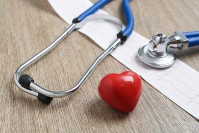 Cardiogram report, red heart and stethoscope on wooden table