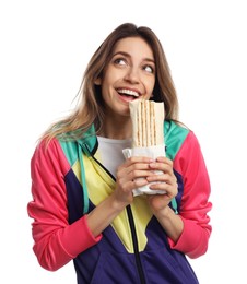 Young woman with delicious shawarma on white background