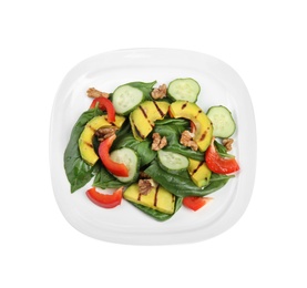 Delicious avocado salad with basil on white background, top view