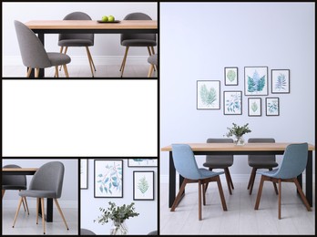 Image of Idea of stylish dining room interior design, collage of photos. Space for text