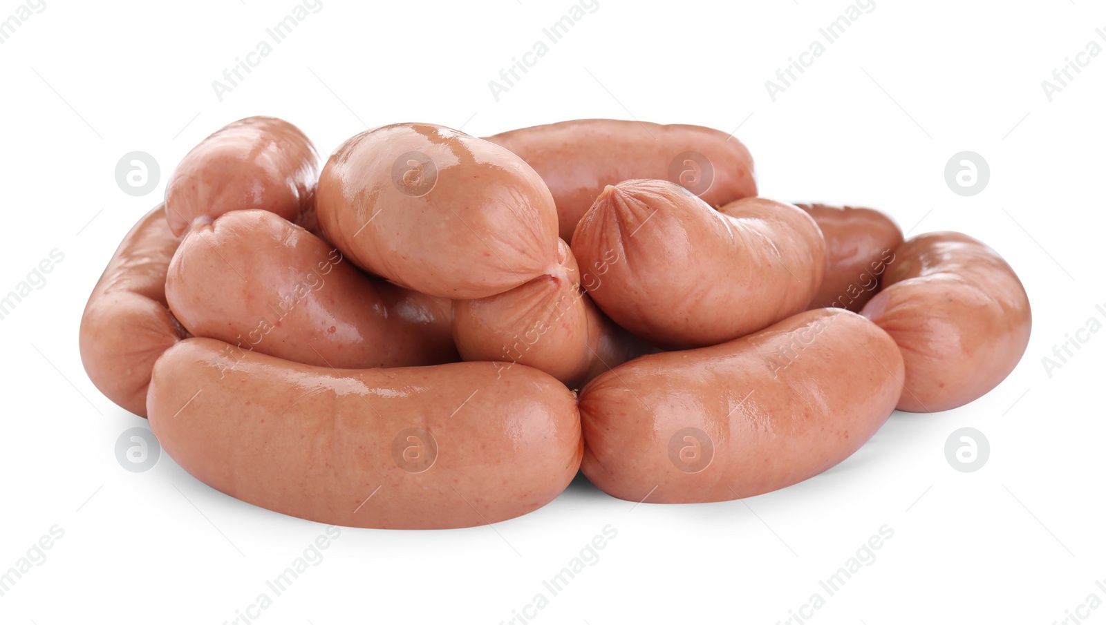 Photo of Tasty sausages isolated on white. Meat product