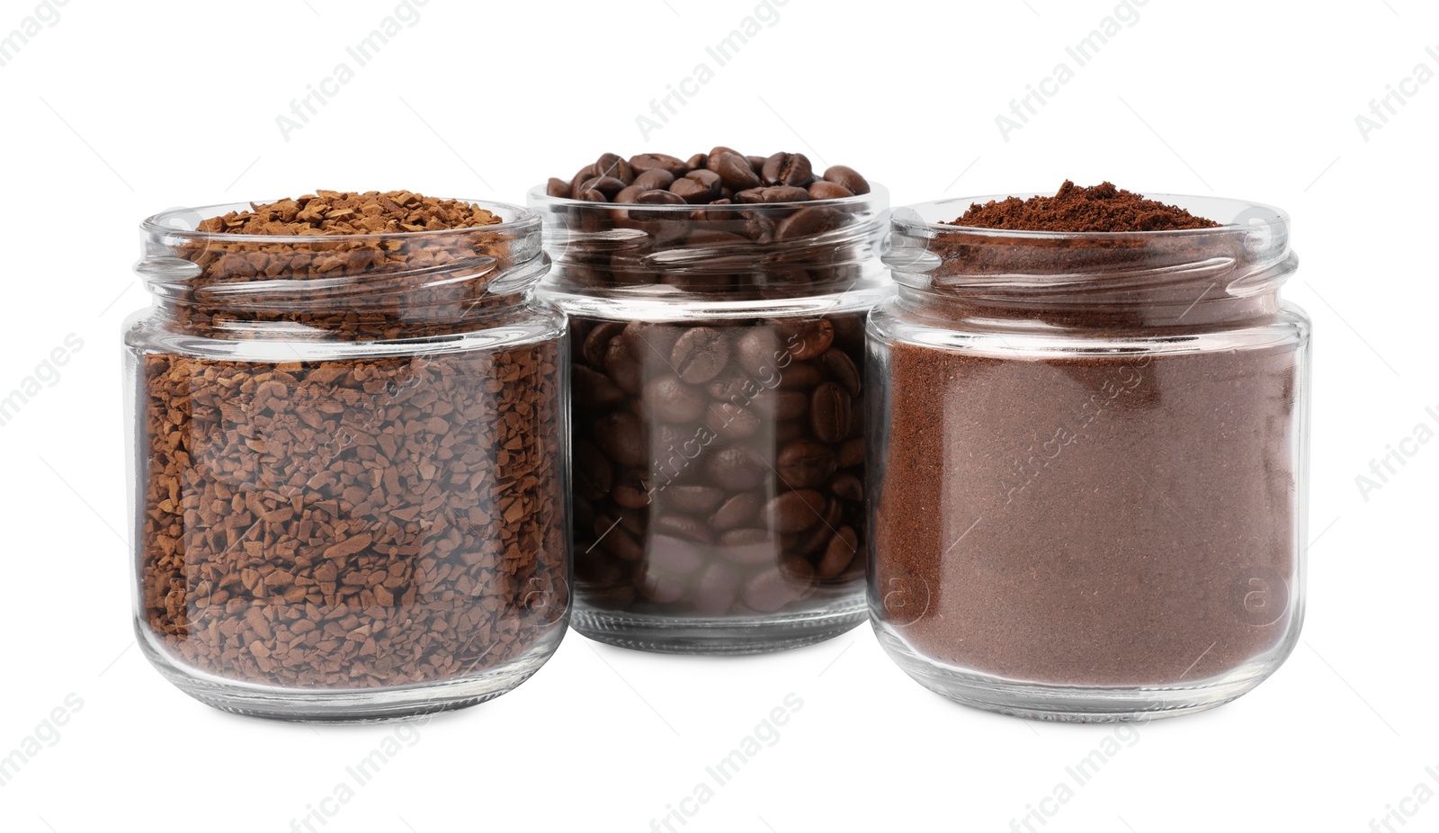 Photo of Jars with different types of coffee on white background