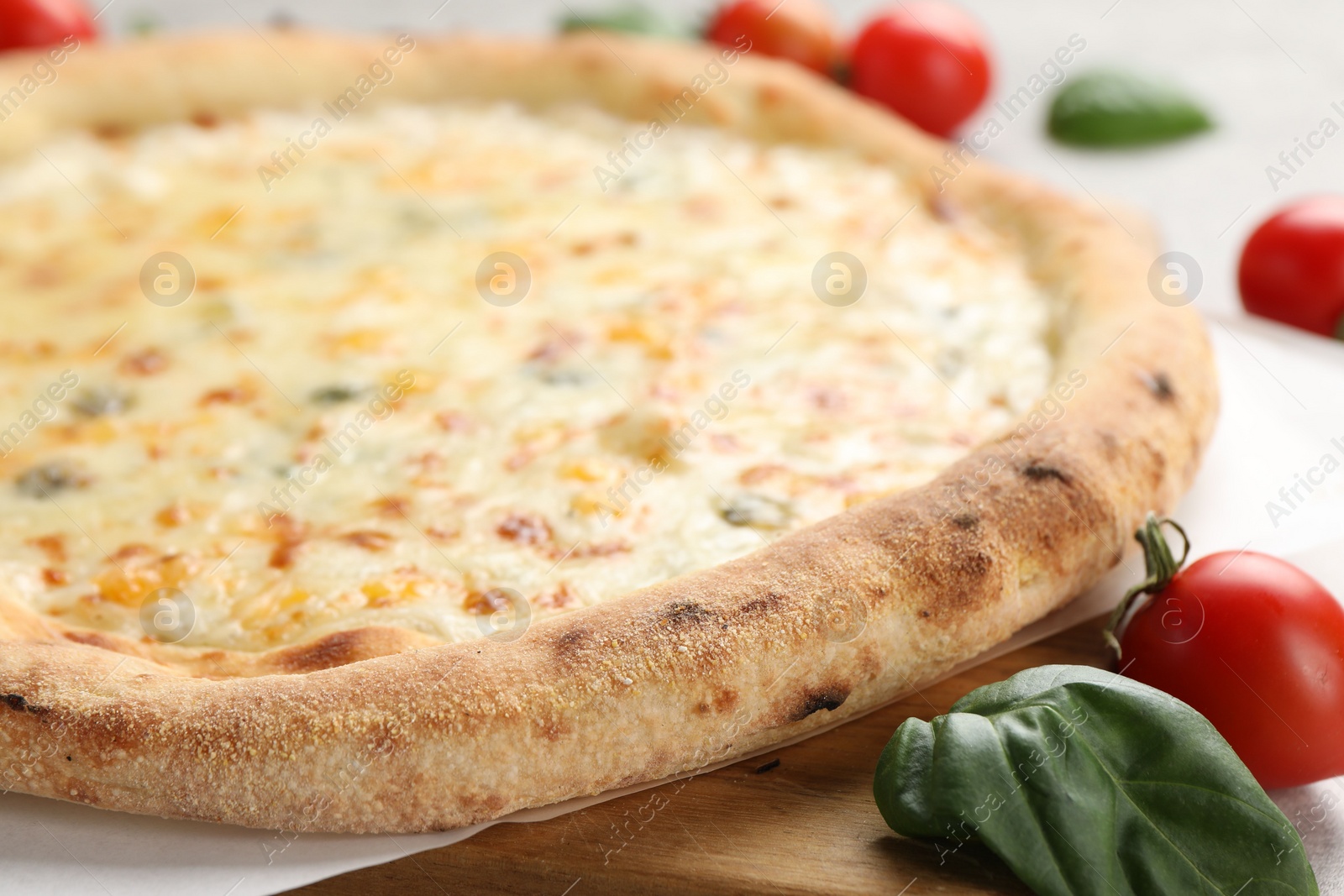 Photo of Delicious cheese pizza, basil and tomatoes on table, closeup