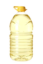 Photo of Plastic bottle of oil on white background