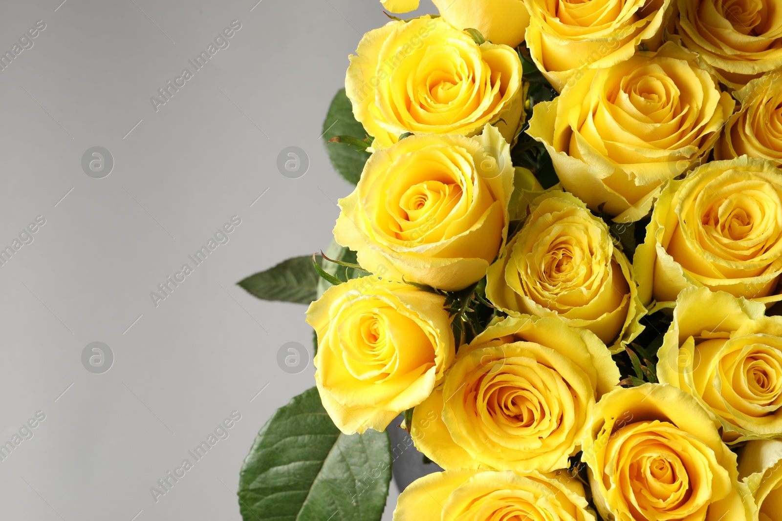 Photo of Beautiful bouquet of yellow roses on grey background, closeup. Space for text