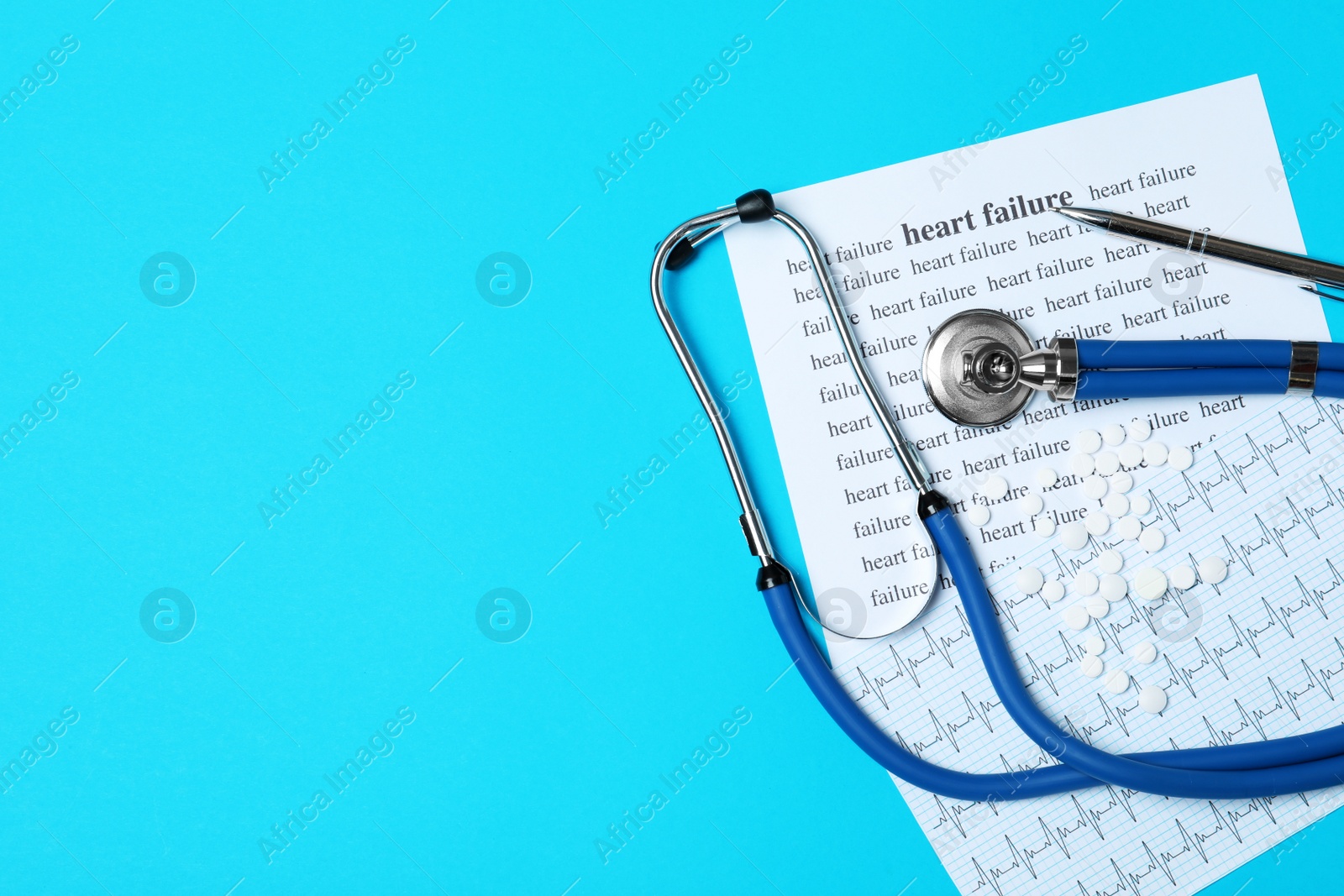 Photo of Flat lay composition with stethoscope, words HEART FAILURE and cardiogram on color background. Space for text