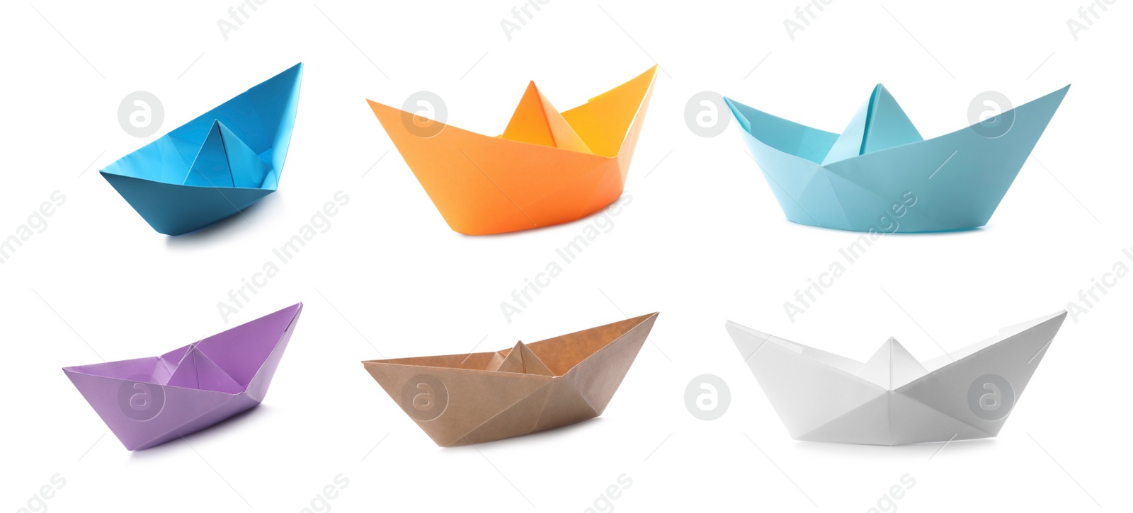 Image of Set with multicolor paper boats on white background. Banner design