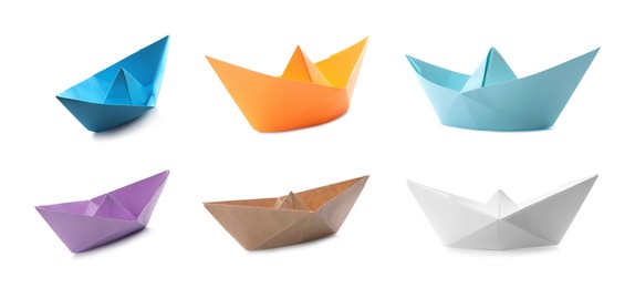 Set with multicolor paper boats on white background. Banner design