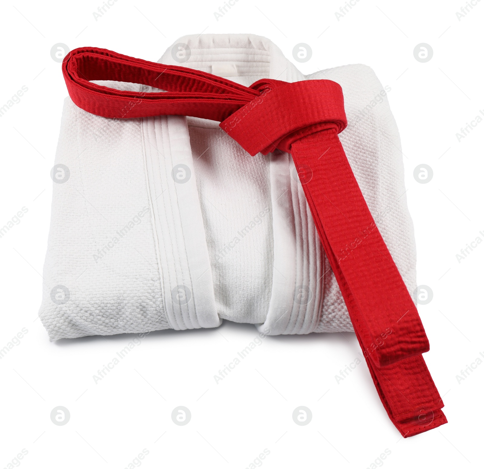 Photo of Martial arts uniform with red belt isolated on white