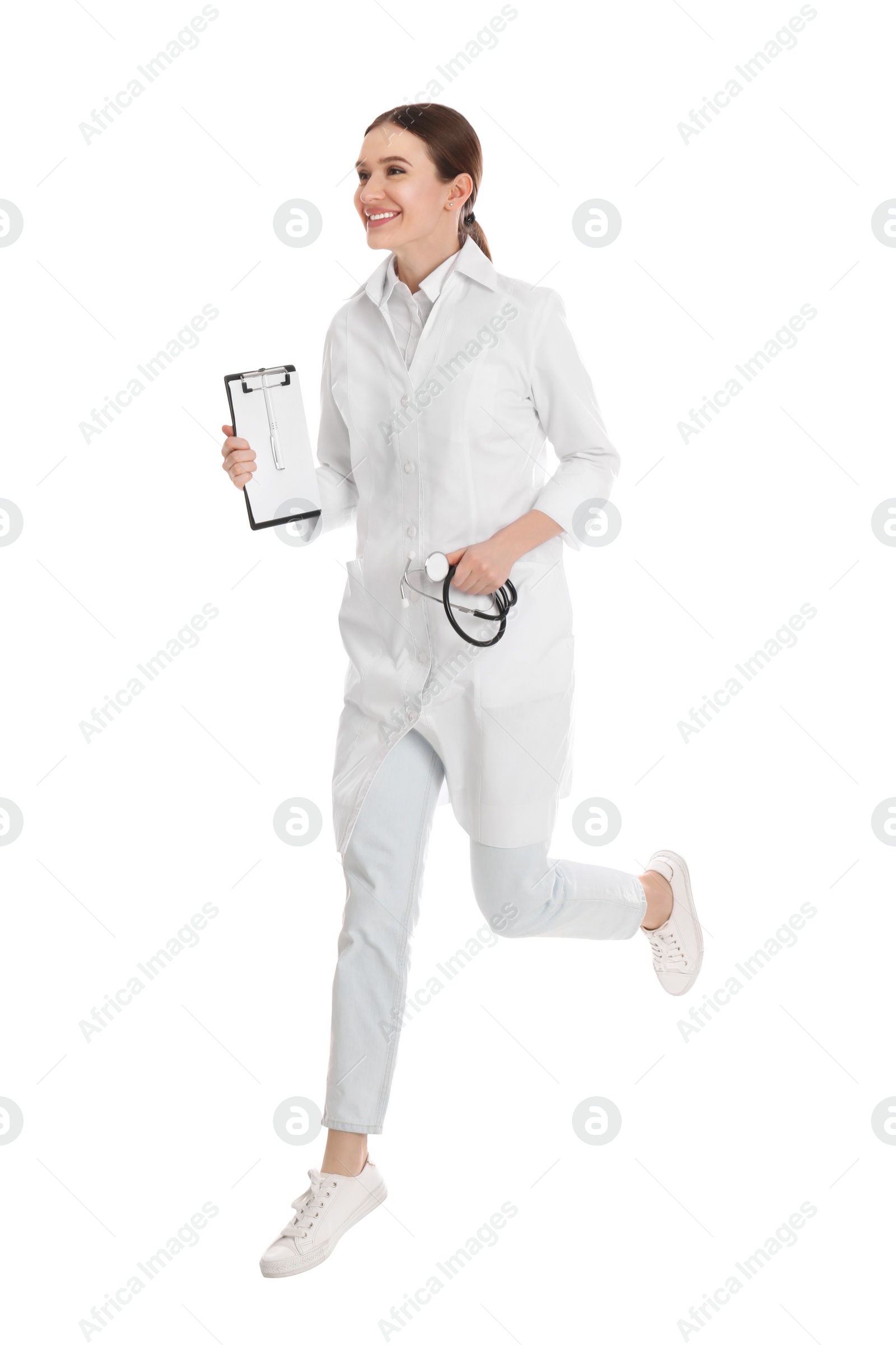 Photo of Doctor with clipboard running on white background