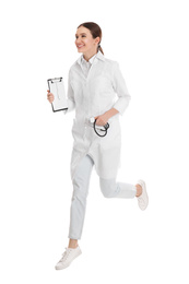 Doctor with clipboard running on white background